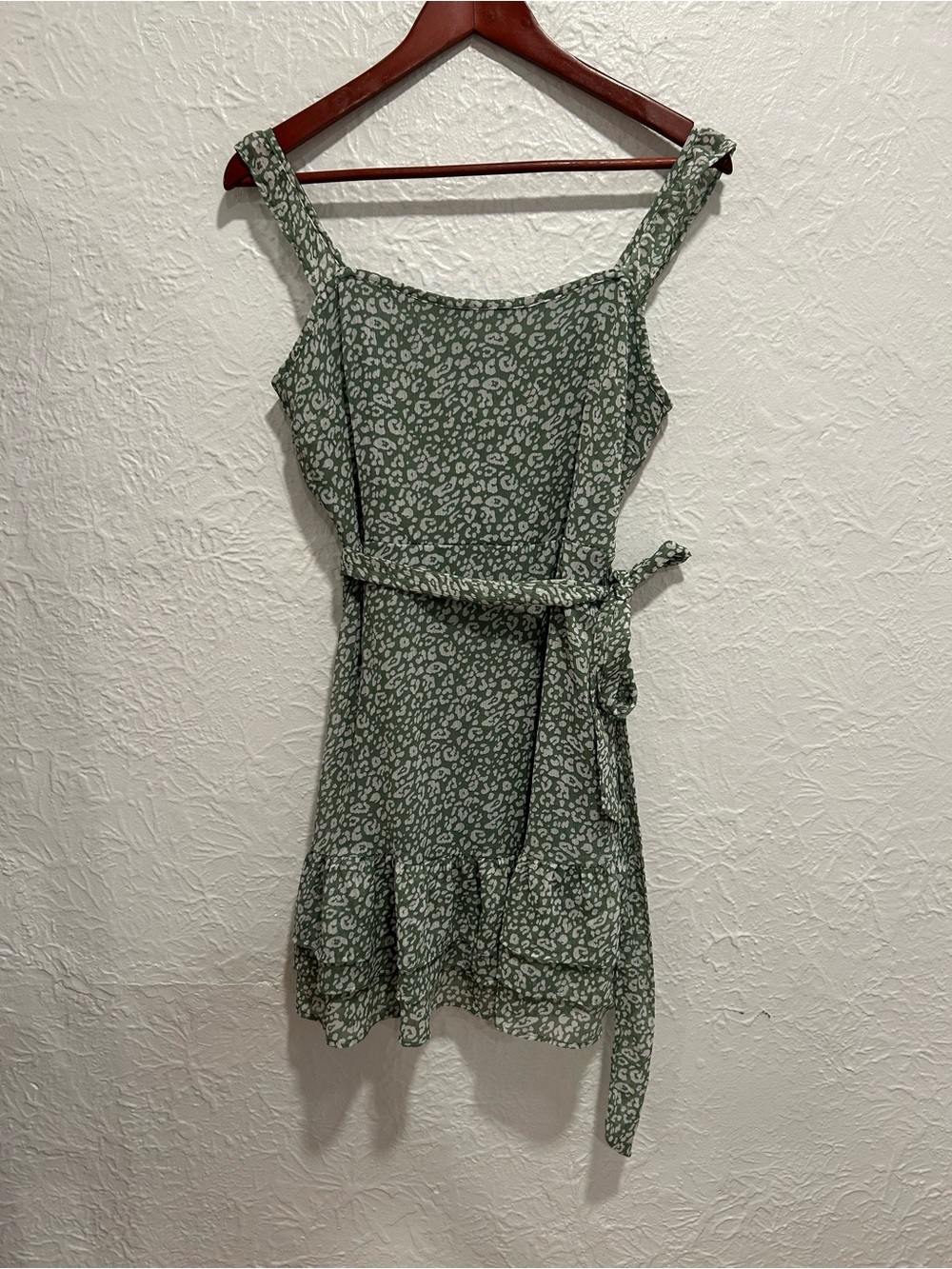 Altar'd State Sage Green Leopard-Print Tie-Waist Mini Dress